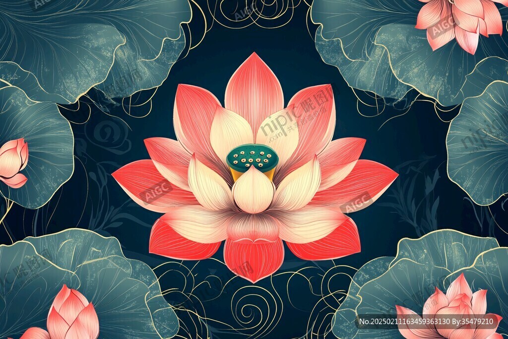 深蓝背景荷花图