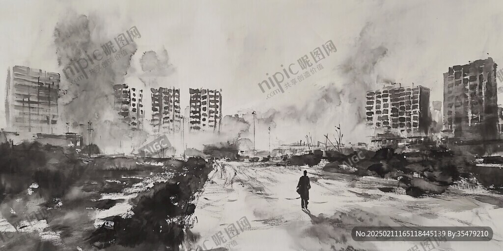 原创水彩大地震风光