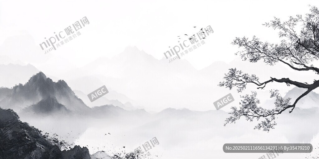 屏风墨韵禅意山峰云雾