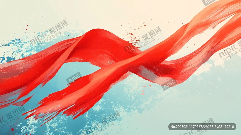 水墨烟雾红丝带