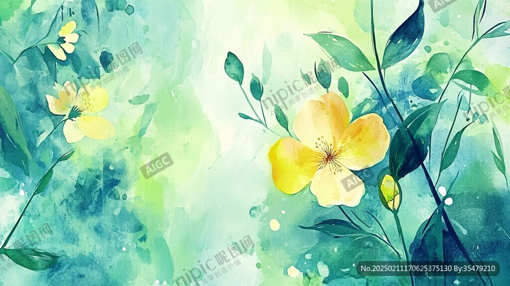水墨手绘花绿色调背景