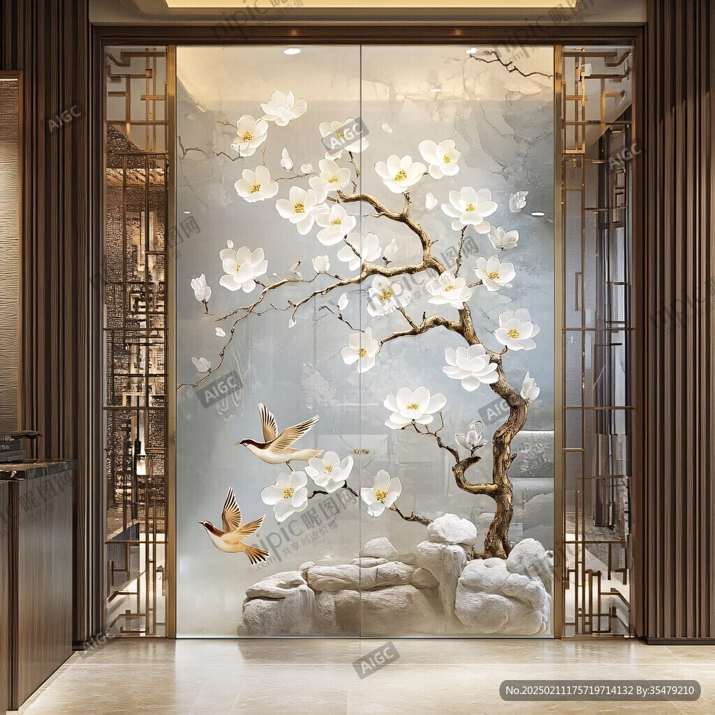 酒店客厅走廊梅花花鸟