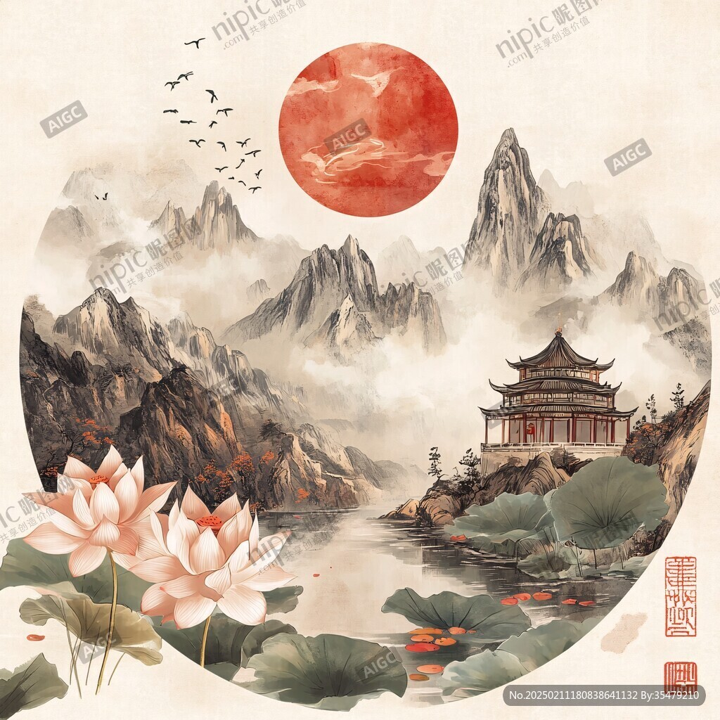 仙鹤楼阁山水插画