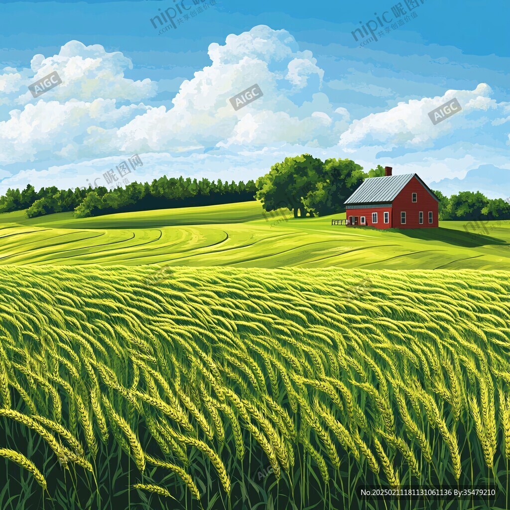 手绘麦田风景
