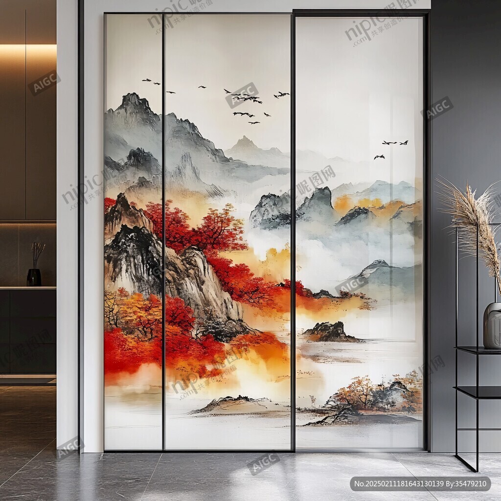 山水画玻璃屏风