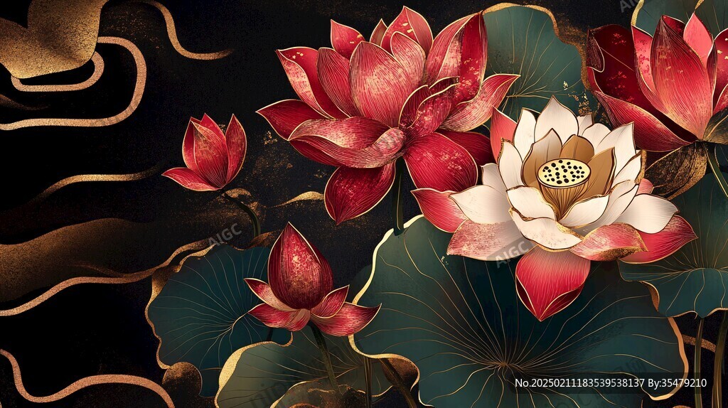 手绘金属质感荷花