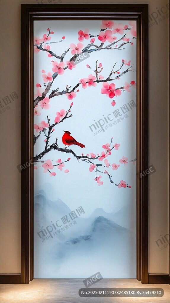 酒店客厅走廊梅花花鸟