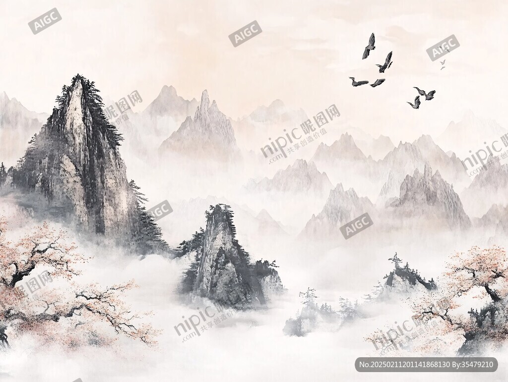 仙境仙鹤水墨山水画