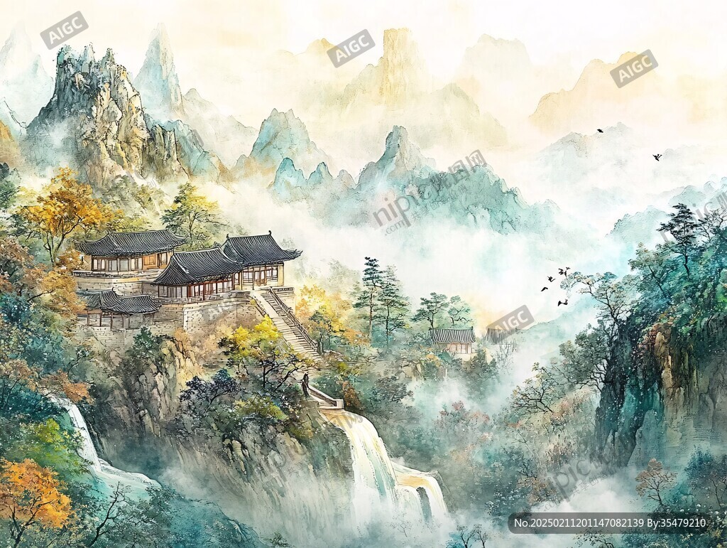 首尔彩绘山水水墨画