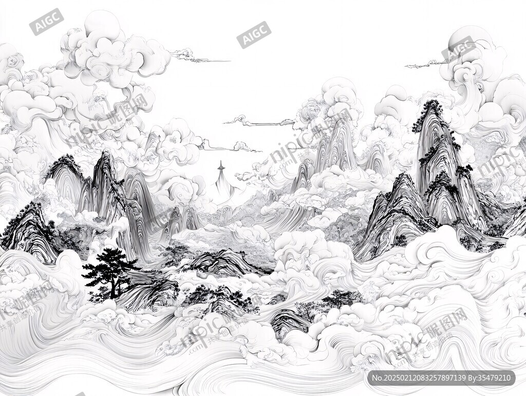 高端山水线包装插画