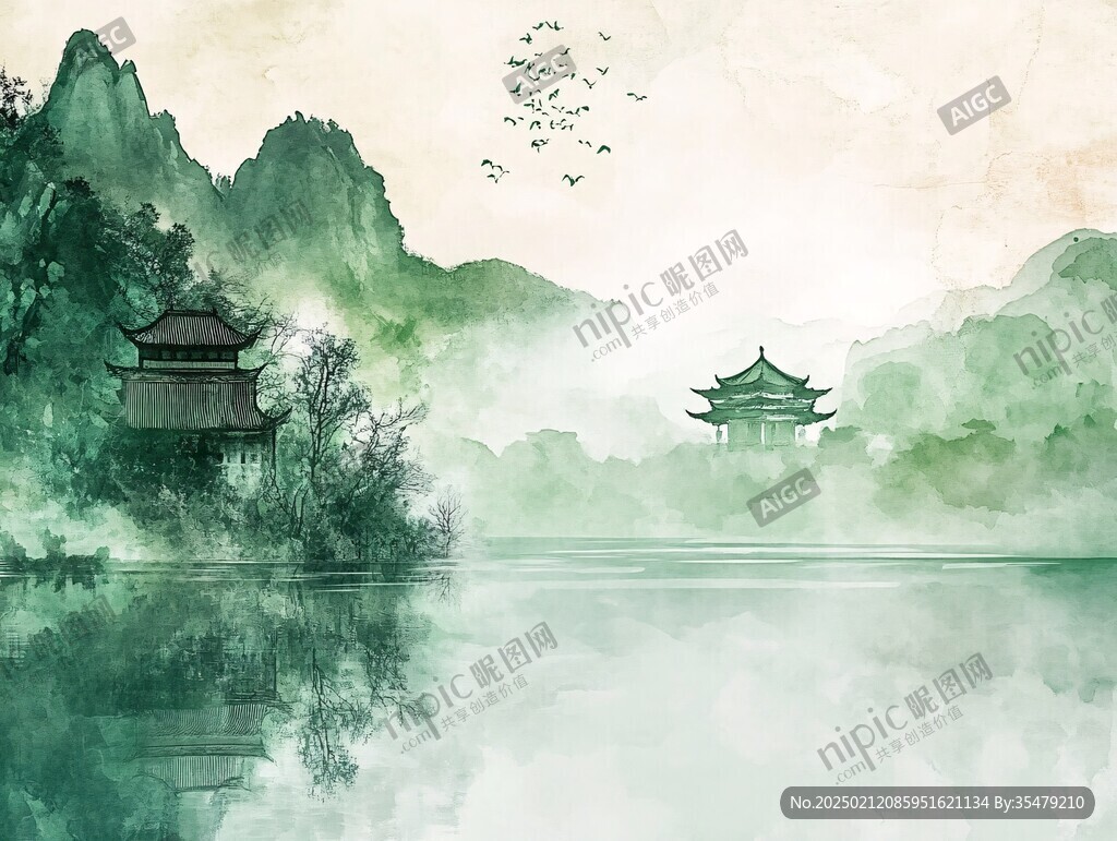 插画横店水彩水墨山水