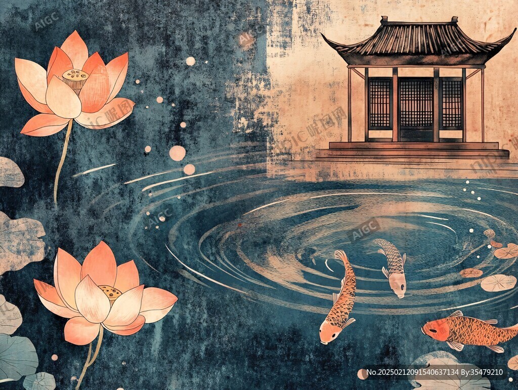 荷花锦鲤插画