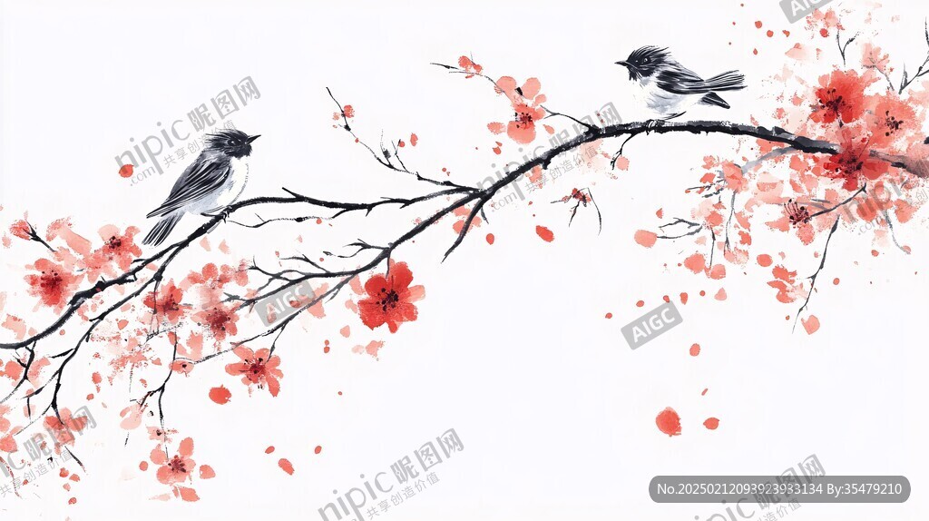 新中式手绘红色花鸟