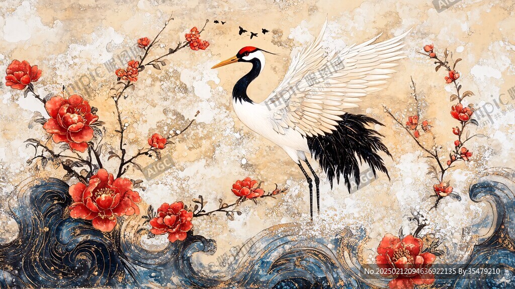 手绘仙鹤花卉背景墙