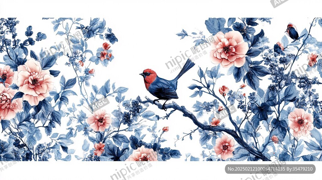 新中式手绘红色花鸟