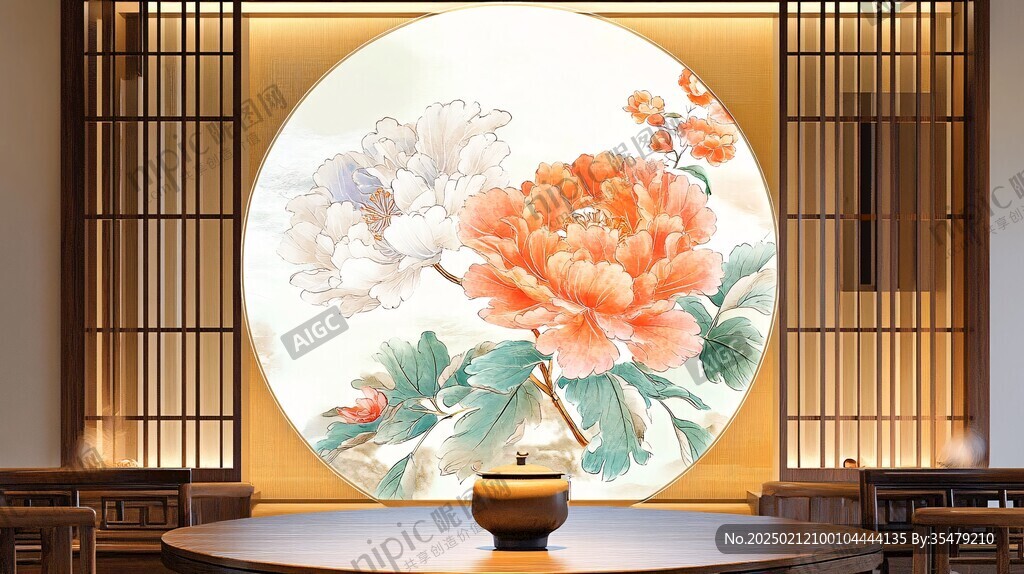 手绘牡丹花鸟壁画