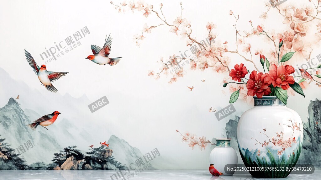 花鸟山水意境墙纸