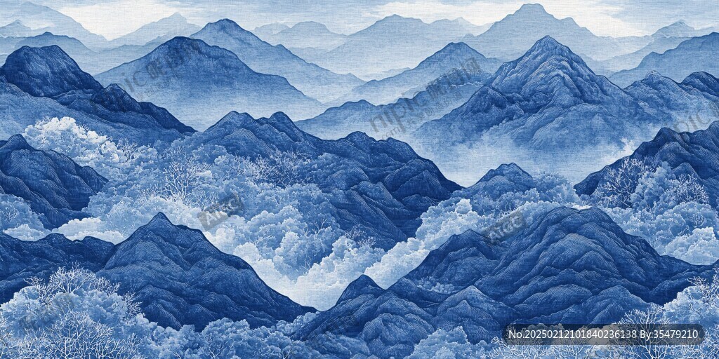 蓝色现代山水画