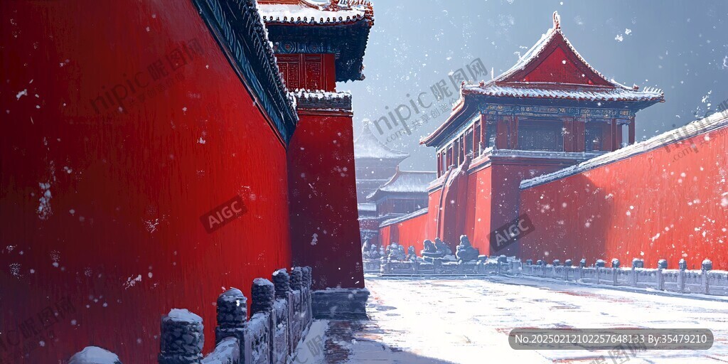 手绘故宫雪景