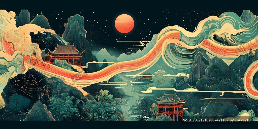高端山水线包装插画