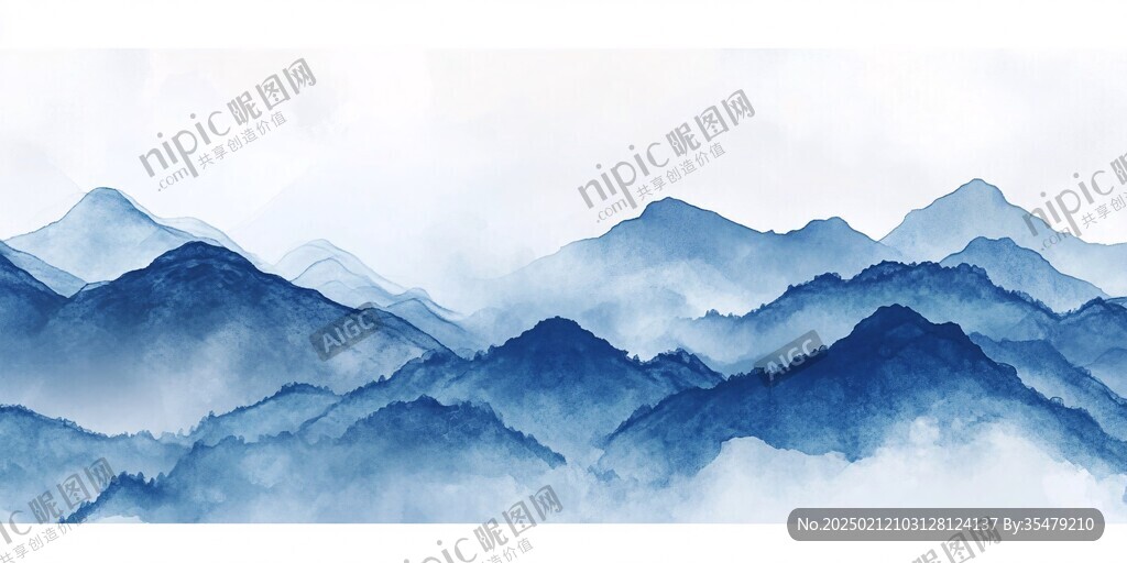 蓝色现代山水画