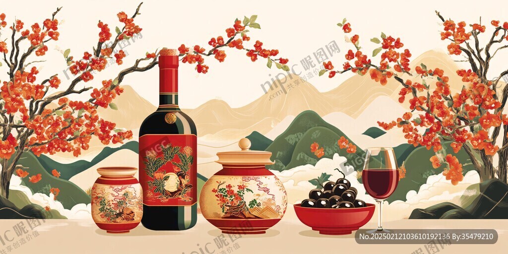 黄酒包装插画