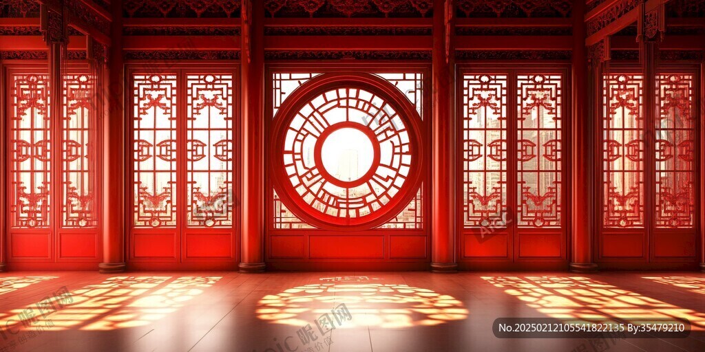 古建筑大殿红色隔扇