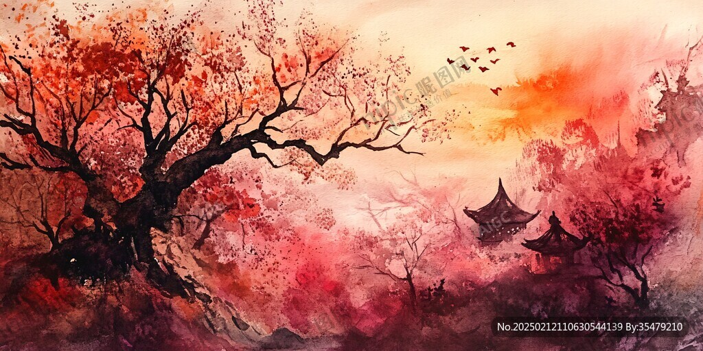 唯美插画意境山水画