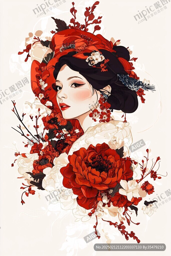 古典风格女人花插画