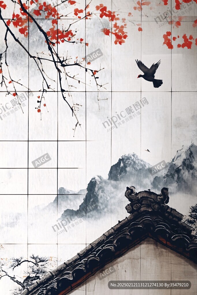 中式梅花阁楼背景