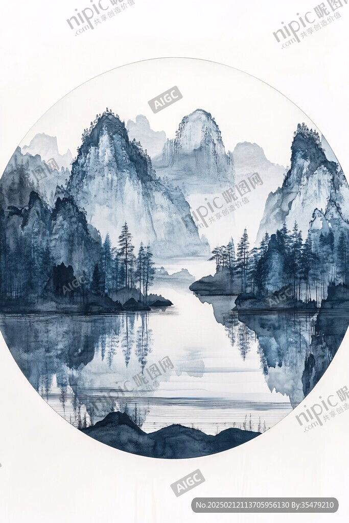 现代山水圆框装饰画