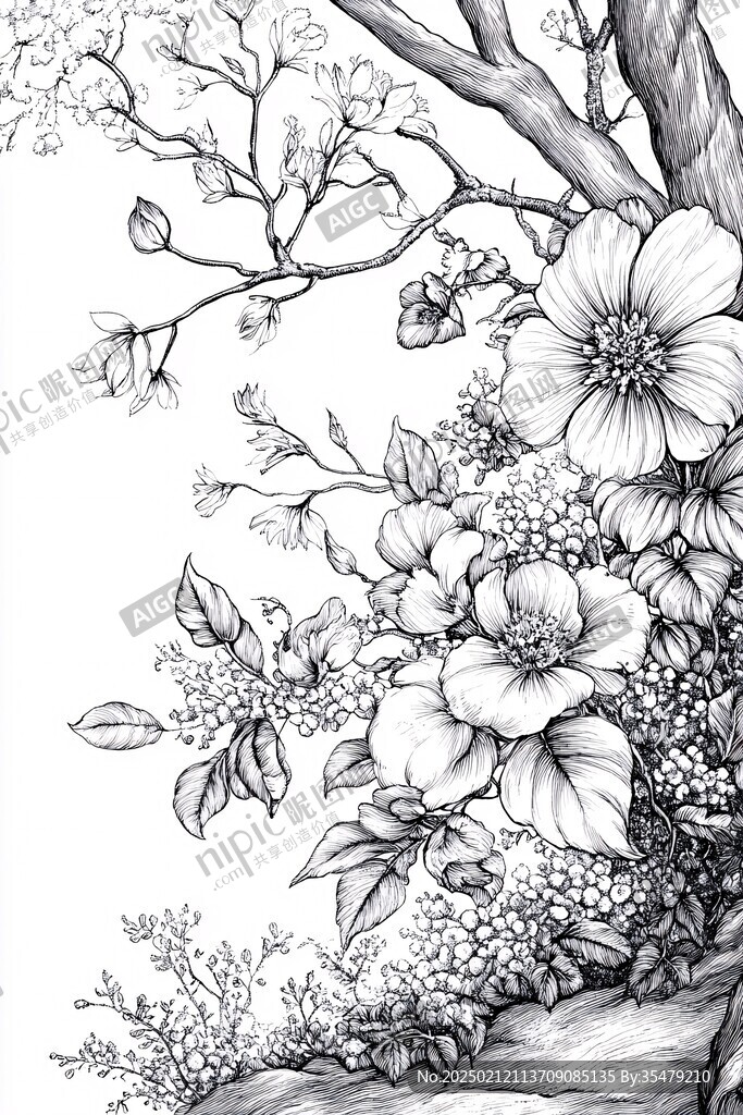 黑白花鸟线描