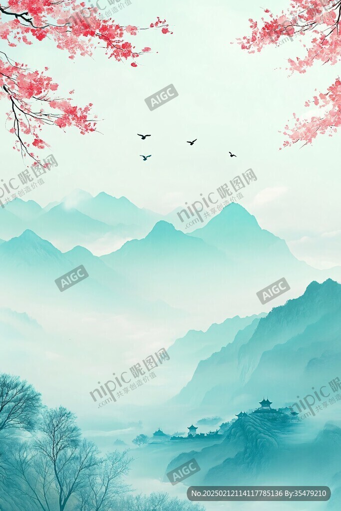古典古风青绿山水背景