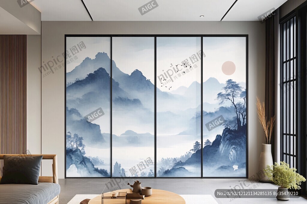 中式山川意境墙纸窗帘