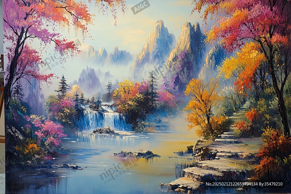 山水画油画手绘风景