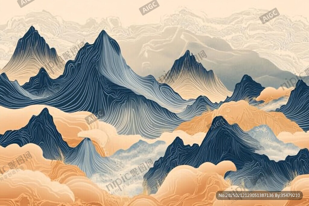 高端山水线包装插画