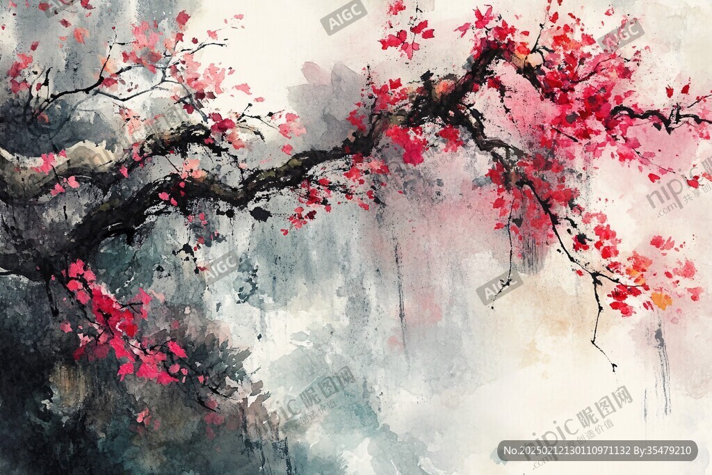 红梅水彩画
