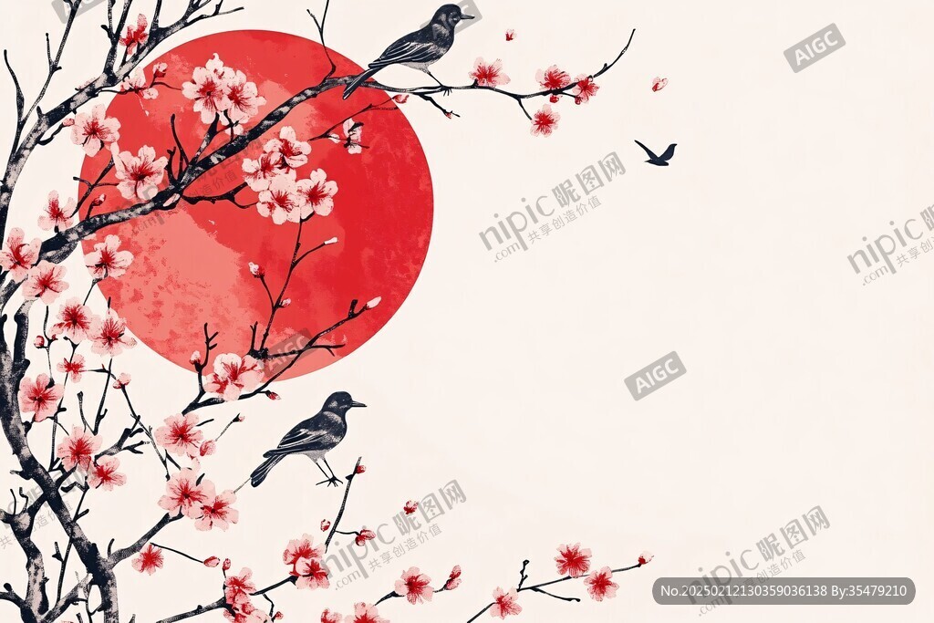 新中式手绘红色花鸟