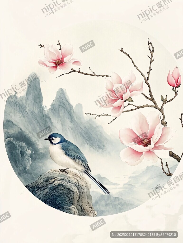意境山水花鸟圆形画