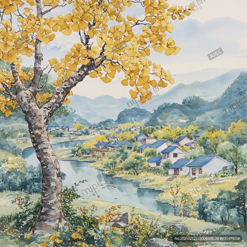 银杏山水风景画