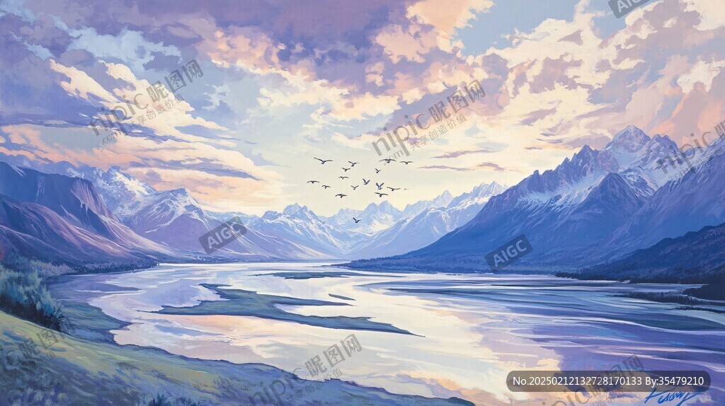 雪山河流油画