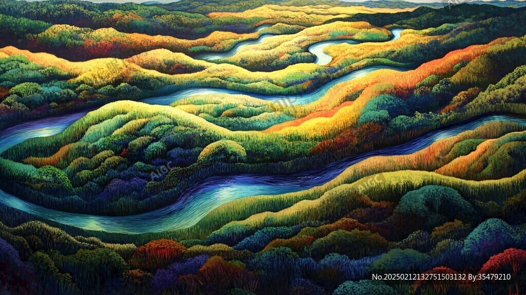 手绘油画群山河流线条