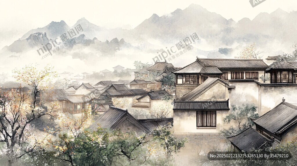 插画乌镇水彩水墨山水