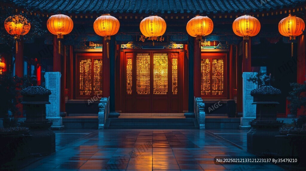 中式门窗夜景灯光