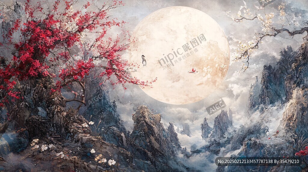 花好月圆水墨山水画
