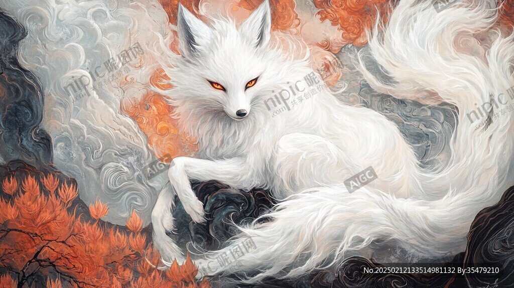 九尾白狐插画