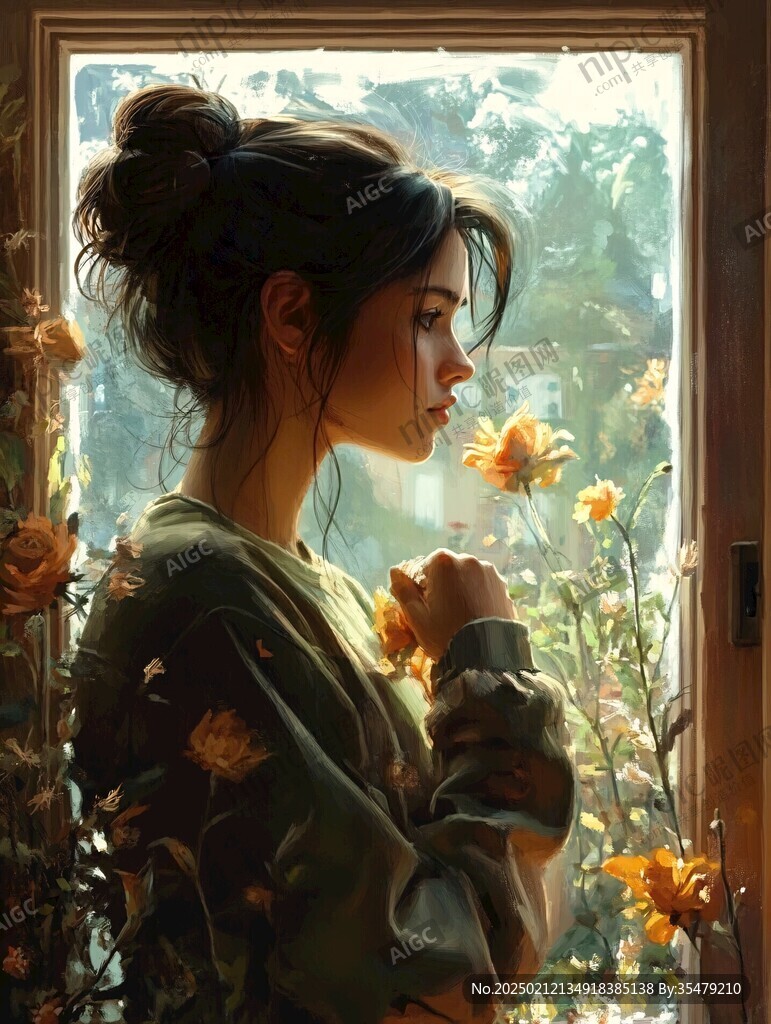美人倚窗插画