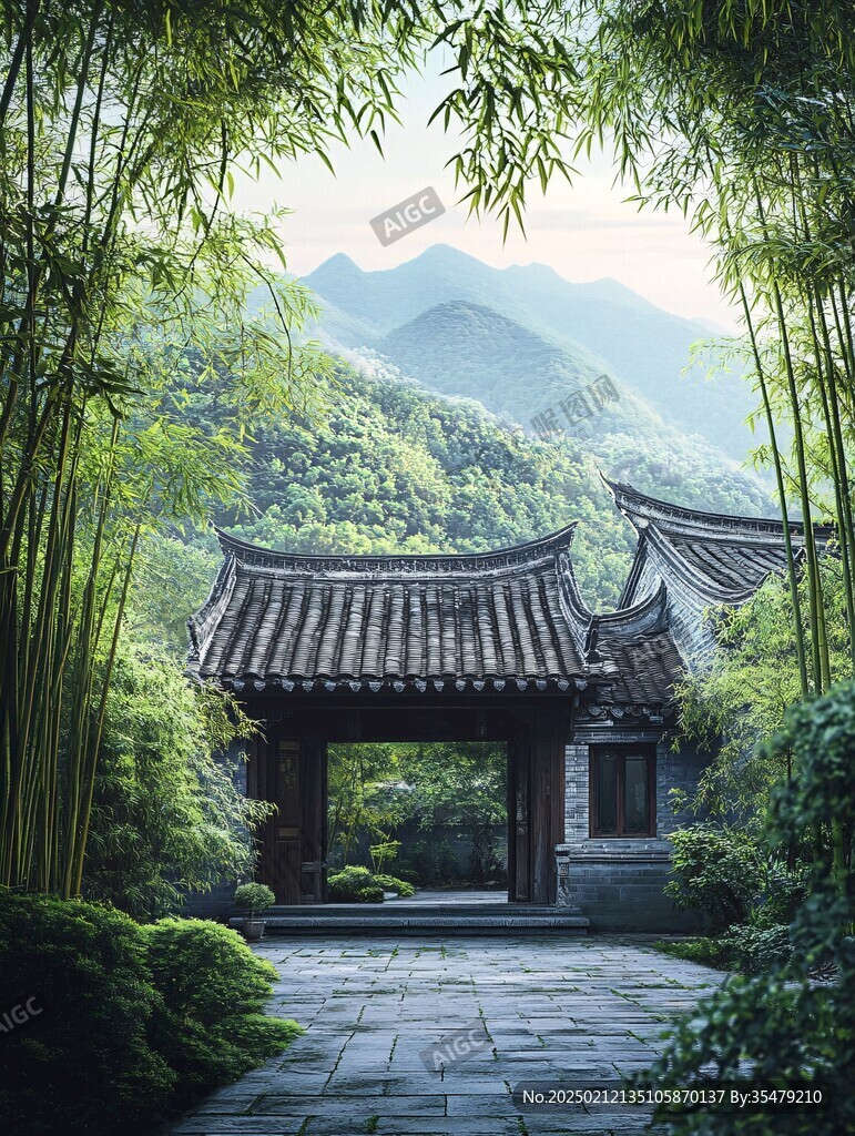 中式庭院竹林假山