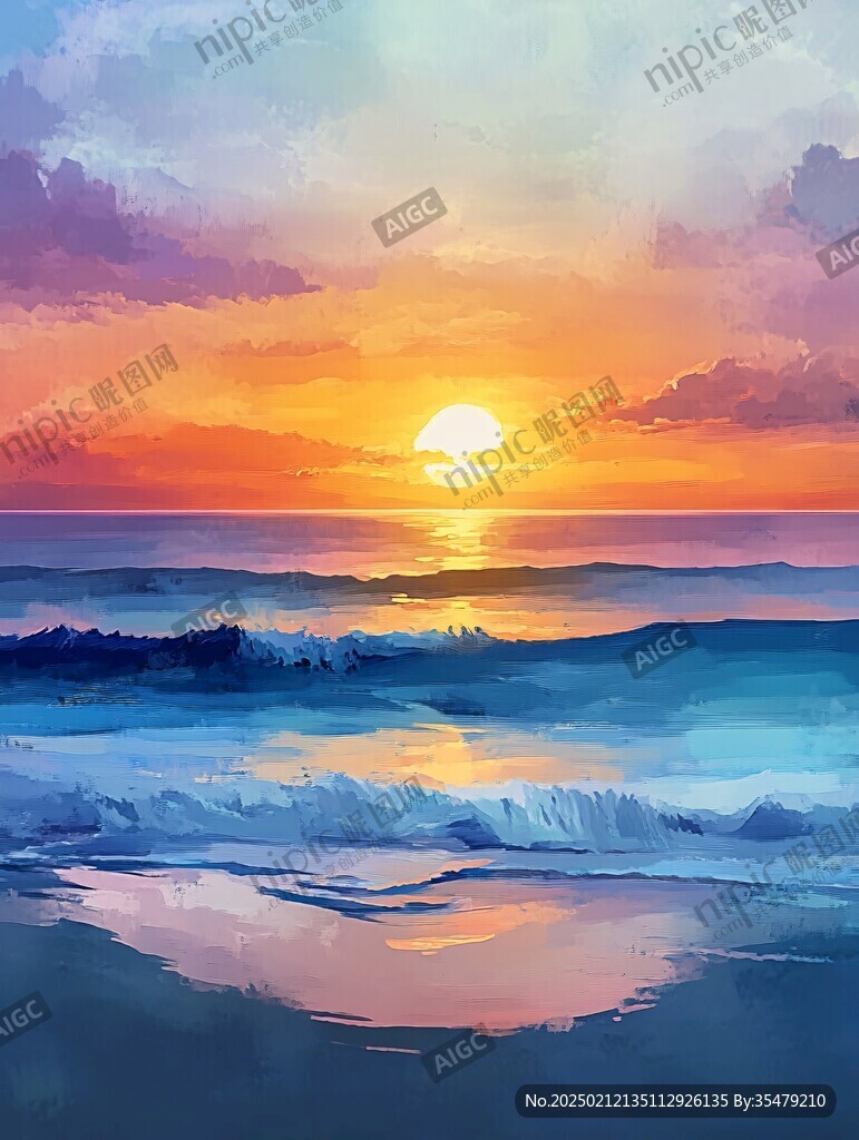 海边晚霞油画