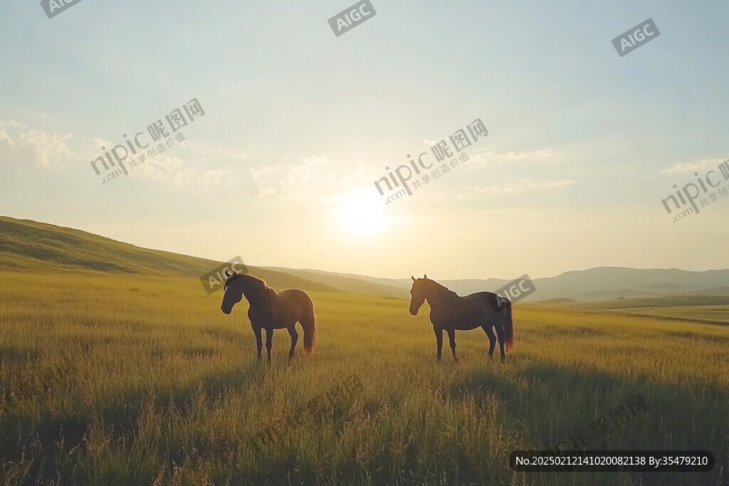 夕阳草原牧马